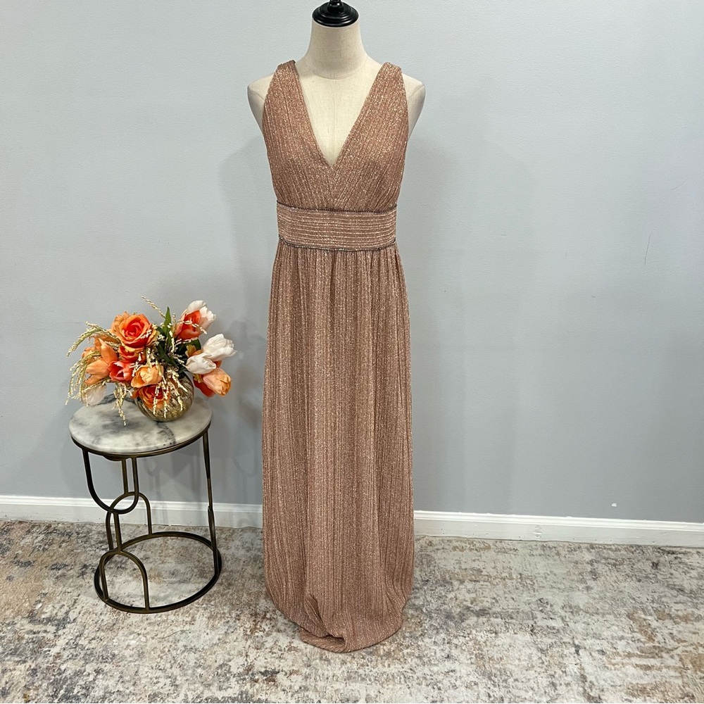 Adrianna Papell Metallic Blush Pleated V-Neck V-Back Formal Maxi Gown - Defected